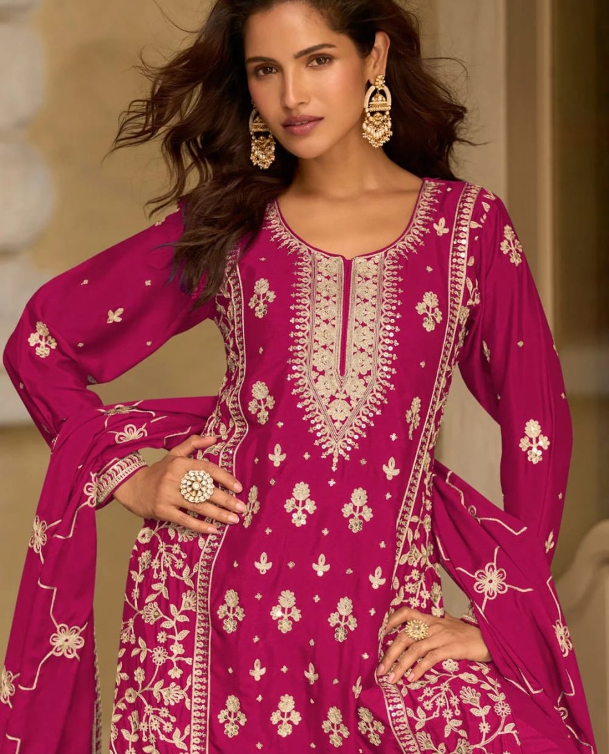 PINK - Pink Embroidered, Sequins and Thread Work Chinon Palazzo Salwar Suit